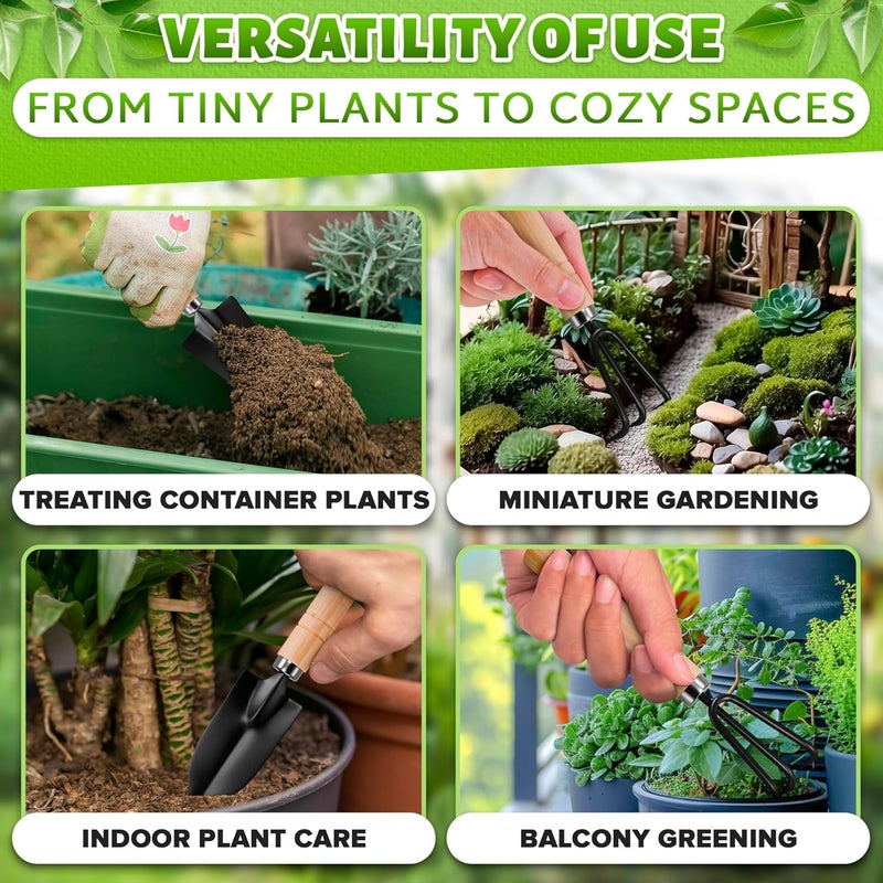 DIMROM Small Garden Tools - 3 Pcs Mini Garden Tools Set with Small Trowel, Mini Shovel & Hand Rake Made of Rust-Resistant Iron & Solid Wood - Indoor Gardening Tools Set for Succulent, Bonsai & Pot Plants - Image 4